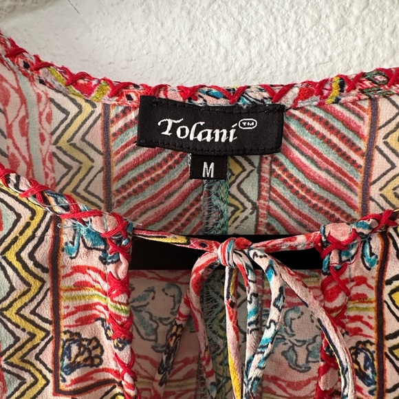Tolani Boho Multicolor Tie-Neck Peasant Blouse Size Medium - Picture 2 of 6